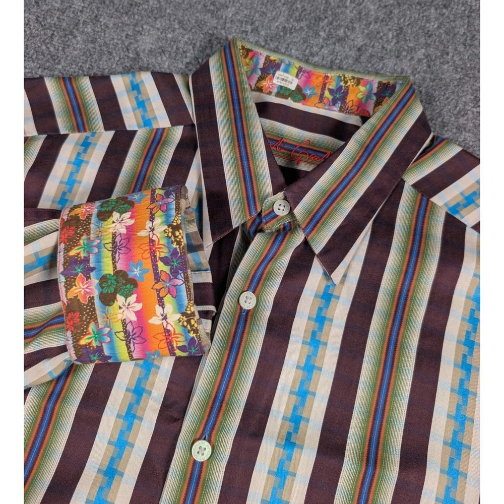Robert Graham Aztec Striped Dress Shirt Mens Large Geometric Floral‎ Flip Cuffs